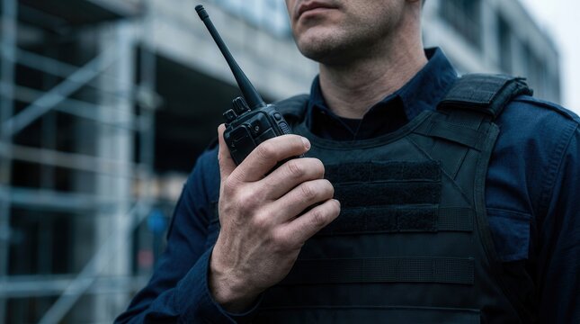 Professional security guard wearing a tactical vest and using a radio communication device.