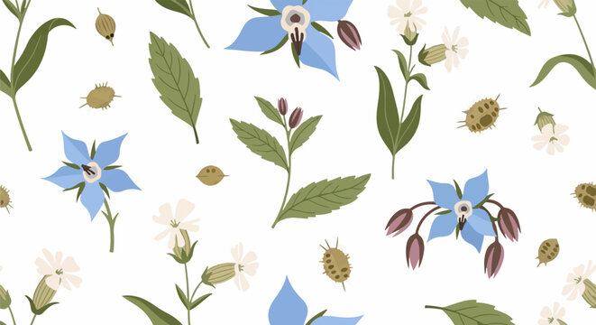 Delicate blue borage flowers with green leaves pattern.