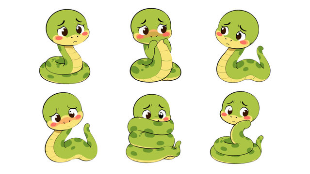 Set of cute cartoon embarrassed snake characters in different poses