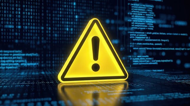 Cybersecurity risk and vulnerability management concept with a yellow warning icon over digital code.
