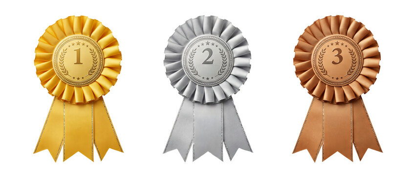 Set of gold, silver and bronze place award rosettes isolated on transparent background