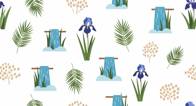 Colorful tropical leaves and iris flowers pattern.