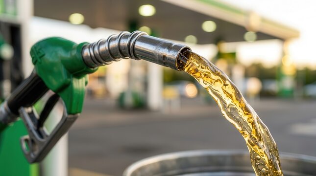 Golden liquid ethanol biofuel flowing from a gas pump nozzle at a station.