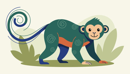 Fototapeta premium Creative illustration of exotic green monkey with colorful long curled tail walking in tropical jungle bushes on light background.
