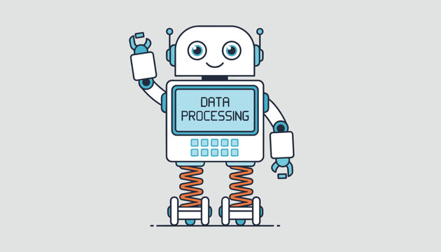 White robot with screen displaying data processing text as concept for artificial intelligence and cloud computing software solutions.