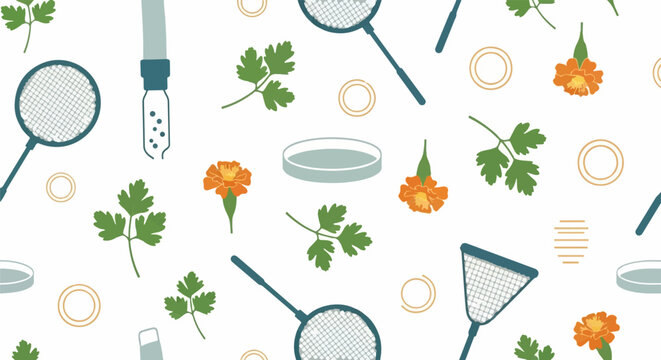 Colorful botanical and laboratory tools seamless pattern design.