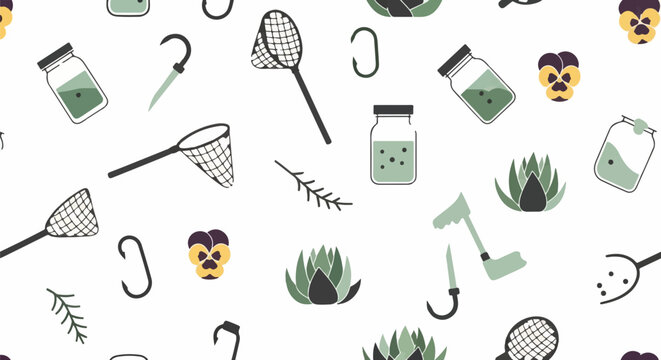 Collection of gardening and fishing tools and plants illustration.