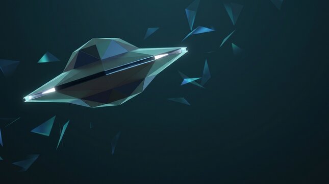 A futuristic low-polygon UFO flying saucer with glowing lights in an abstract digital space.