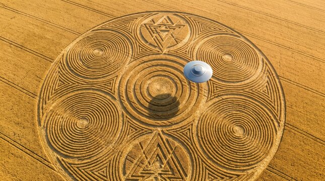 An aerial view of a complex crop circle formation in a golden wheat field, featuring geometric patterns and a UFO model.