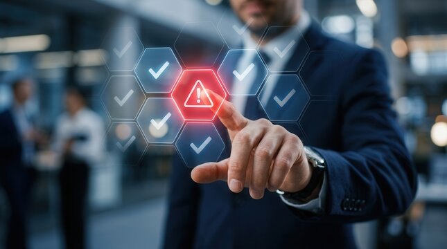 An automatic warning system concept showing a businessman interacting with a red caution icon.