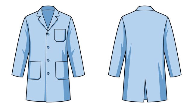 Blank light blue medical lab coat template. Front and back views. Vector illustration.