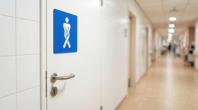 Public restroom door featuring an icon of a person needing a toilet urgently.