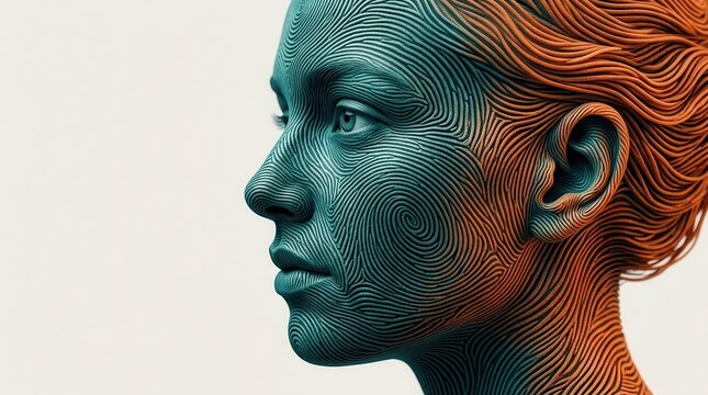 The evolution of personal identity and purpose shown through a surreal fingerprint face profile.
