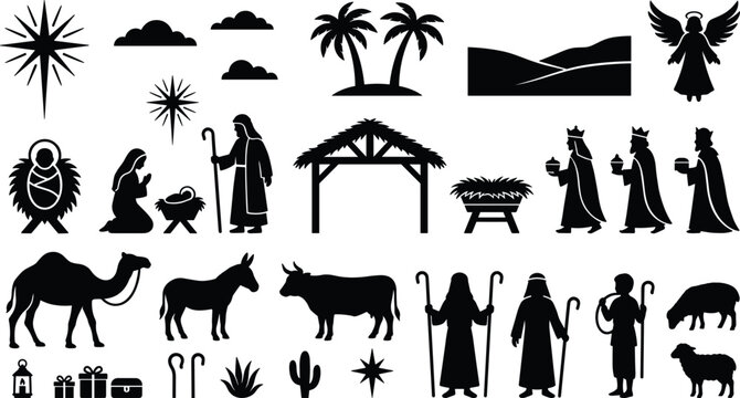 Christmas Nativity Silhouette Set with Holy Family Manger Three Wise Men Shepherds Angels Desert Animals and Star of Bethlehem Cutout Stencils for Holiday Crafts