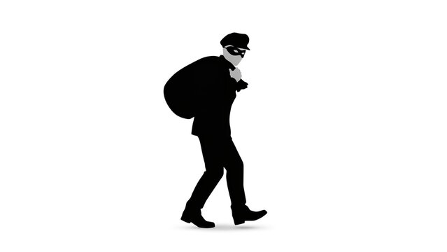 Silhouette of a sneaky burglar carrying a large heavy sack of stolen goods on white background