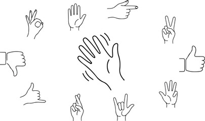 Minimalist black and white hand communication symbols collection with diverse gestures waving hello fingers crossed thumbs down and rock on sign line art © Mon