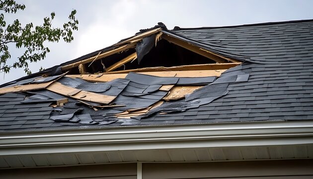 Damaged roof showing exposed wooden structure and torn shingles after storm.