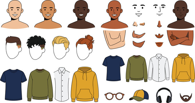 Men Avatar Character Creation Construction Kit Vector Set Featuring Diverse Skin Tones Hairstyles Beard Clothing Expressions and Accessories Icons