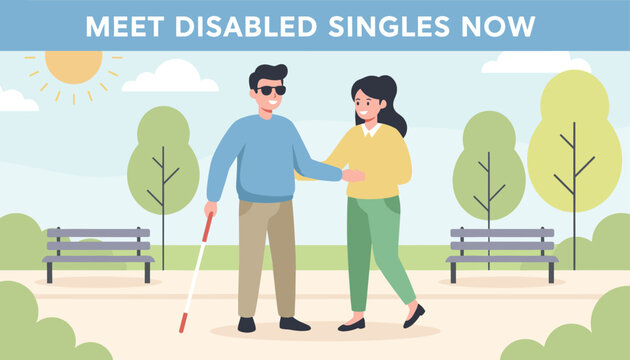 Blind man with sunglasses and a walking cane meeting a smiling woman for a date in a beautiful sunny park on a paved path.