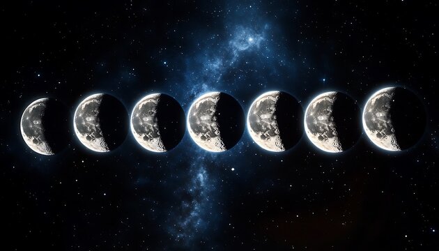 Series of moon phases showing half moon and gibbous stages against starry space and blue nebula.
