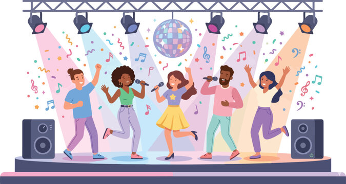 Vibrant nightclub party scene graphic with diverse friends dancing together surrounded by confetti falling streamers musical notes and stage lights