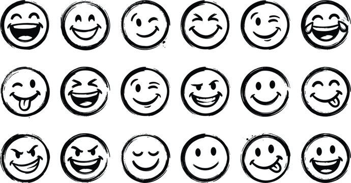Hand Drawn Smiley Face Emoji Vector Icon Set Featuring Funny Ink Sketch Expressions Smirk Wink Laugh and Tongue Out Emoticons for Texting Designs
