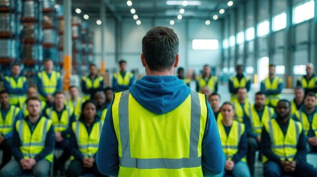 A group of industrial workers listening to a supervisor during a training session in a warehouse.