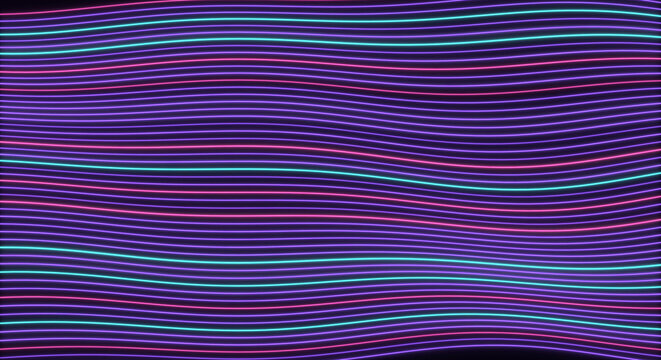 Purple neon wave line pattern. Pink cyan glowing horizontal stripe, distorted retro 80s synthwave mood. Perfect for cyber twitch stream overlay, modern club flyer design. 3d render backdrop.