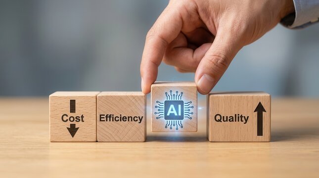 A hand placing an AI block between cost reduction and quality improvement concepts.