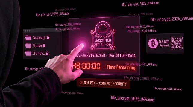 Anonymous Hacker Touching Ransomware Detected Screen Showing Encrypted Files, Bitcoin Payment Demand and Countdown Timer for Enterprise Cybersecurity Threat and Data Extortion Awareness
