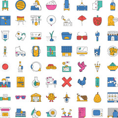 Fototapeta premium Large set of various business, technology, food, nature, and everyday object line art illustrations, depicting a spectrum of abstract and concrete ideas