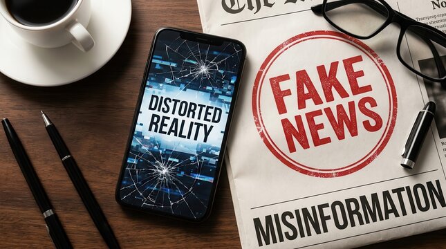 Concept of digital propaganda and journalism credibility crisis with a fake news stamp on newspaper.