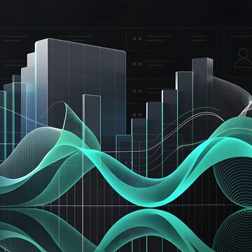 Abstract digital data visualization with flowing teal waves and geometric bar charts representing financial growth and global network connectivity in a dark virtual environment