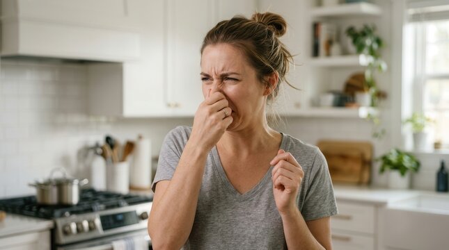 Young woman in the kitchen reacting with disgust to a bad smell.
