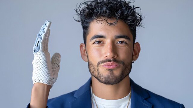 Man with a robotic hand showcasing advanced technology and human integration