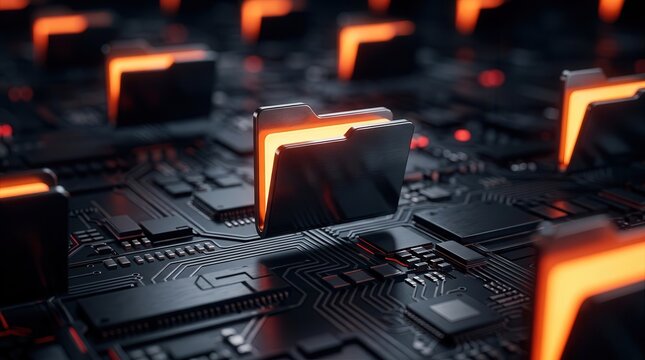 Structured data management concept with glowing orange folder icons on a microchip background.