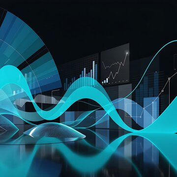 Dynamic financial market trends represented by glowing blue light waves and bar graphs on a digital interface for complex data analysis and economic forecasting with analysis