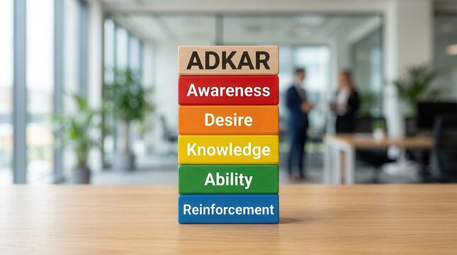 Organizational transformation concept showing ADKAR stages of awareness, desire, knowledge, ability, and reinforcement.