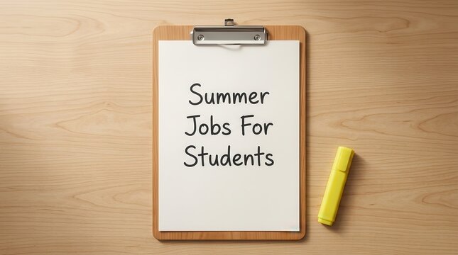 Employment opportunity for students featuring a handwritten message about summer jobs on a clipboard.