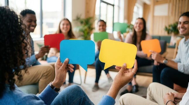 Peer support forum with diverse people participating in friendly discussions using speech bubble props.