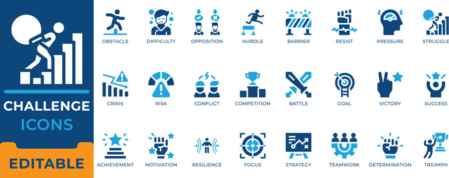 Challenge Obstacle Difficulty Success Achievement Icon Set - editable vectors for business goal, corporate resilience, and teamwork motivation.