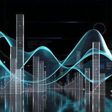 Futuristic digital landscape featuring glass pillar bar charts and glowing light waves representing technological progress and complex data science structures technology abstract