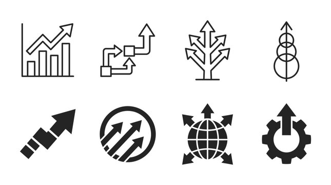 Comprehensive arrow icon set depicting business growth processes global expansion technology integration with expansion