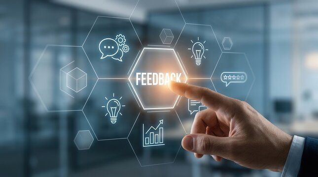 A hand touching a virtual hexagon labeled feedback for customer consulting and team communication.