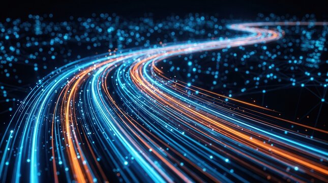 Dynamic curved road made of abstract light trails representing data flow and high speed.