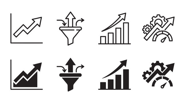 Business analytics and performance metric icons featuring growth charts and speedometer symbols analytics performance