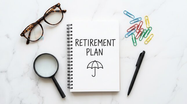 Financial planning for retirement with a notebook, magnifying glass, and umbrella protection icon.
