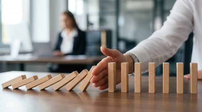 Concept of risk management and control shown by a hand halting falling wooden blocks.
