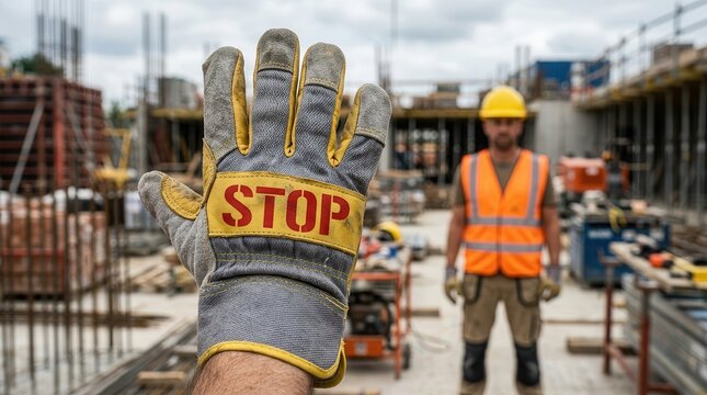 A man wearing a safety vest and hard hat uses a hand gesture to command a site work halt.