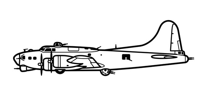 B17 Flying Fortress bomber aircraft line drawing.